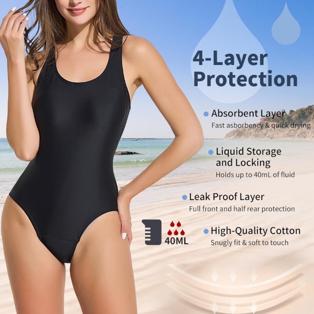 Feity Leakproof Period Monokini Swimsuit L black 12-Hour Protection convertible - Picture 4 of 10